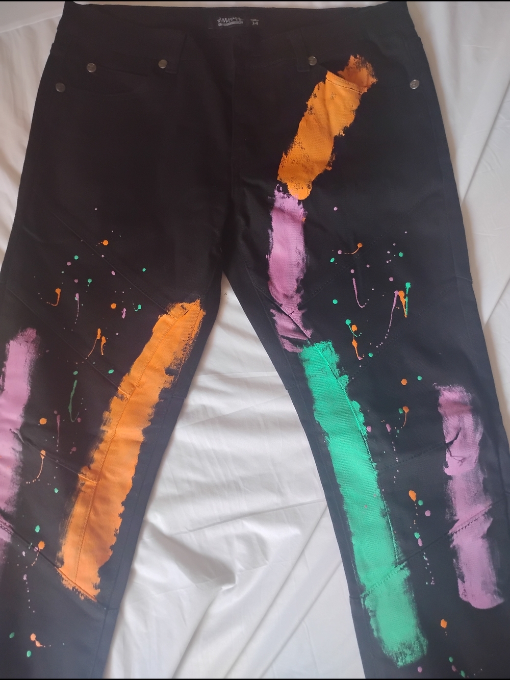 Black Painted Stripe Jeans with Orange, Pink & Teal Accents